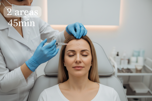 Botox injection on femail with text '2 areas' and '45min'