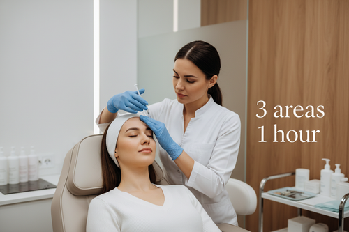 Botox injection on women with text '3 areas' and 1 hour'