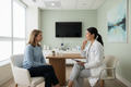 Medical consultation in a clinic, women patient and women practitioner