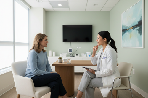 Medical consultation in a clinic, women patient and women practitioner